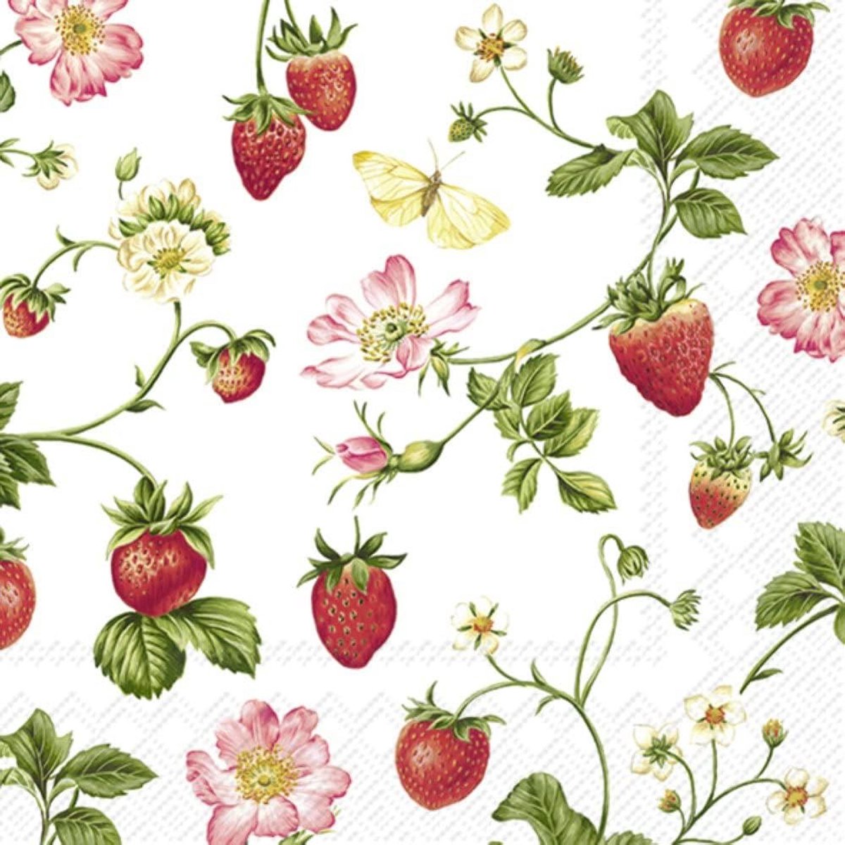 Set van 20 Papieren Lunchservetten Aardbeien Dessin 33x33 cm - Feest en Tafeldecoratie