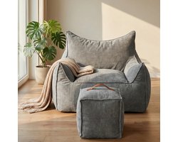Puluomis - XXL Zitzak sofa - Fauteuil met Poef - Fleece - Sponsvulling - 100x95x65cm - Grijs