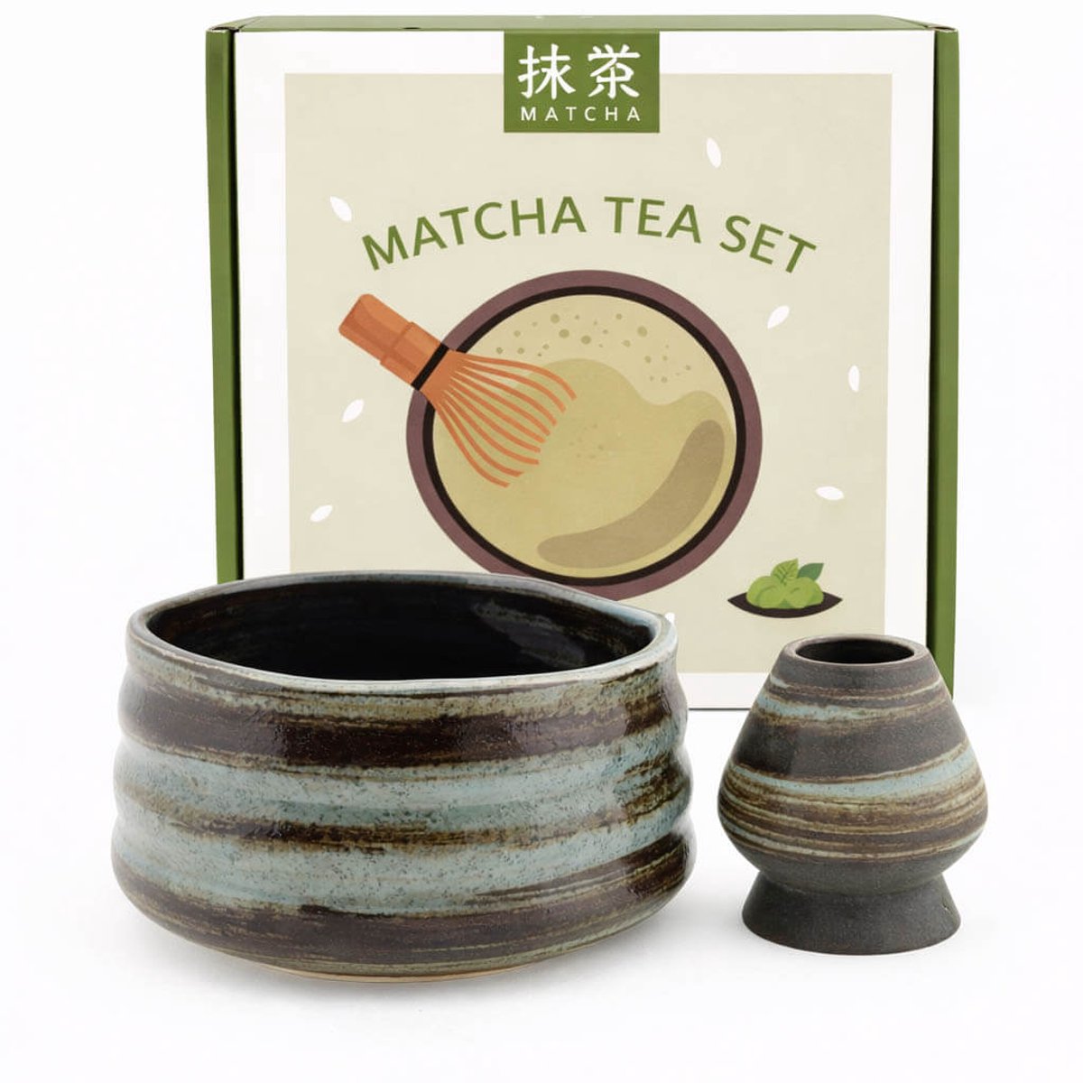 Matcha set in giftbox terra 2-delig– groen/bruin – keramische matcha kom met schenktuit & houder voor bamboe klopper – Japans matcha ritueel – stijlvol thee cadeau