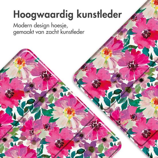 Moderne tablet hoes met roze, paarse en witte bloemenprint, gemaakt van kunstleer.