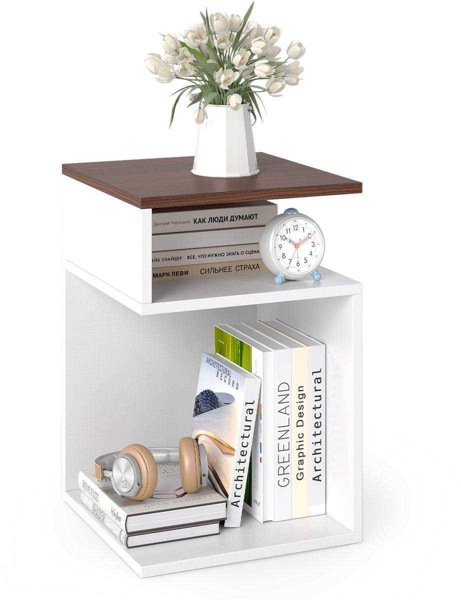 Costway Houten bijzettafel, 3 niveaus, nachtkastje, modern, voor woonkamer en slaapkamer, 33 x 33 x 50 cm (wit + walnoot) Wit +Walnoot