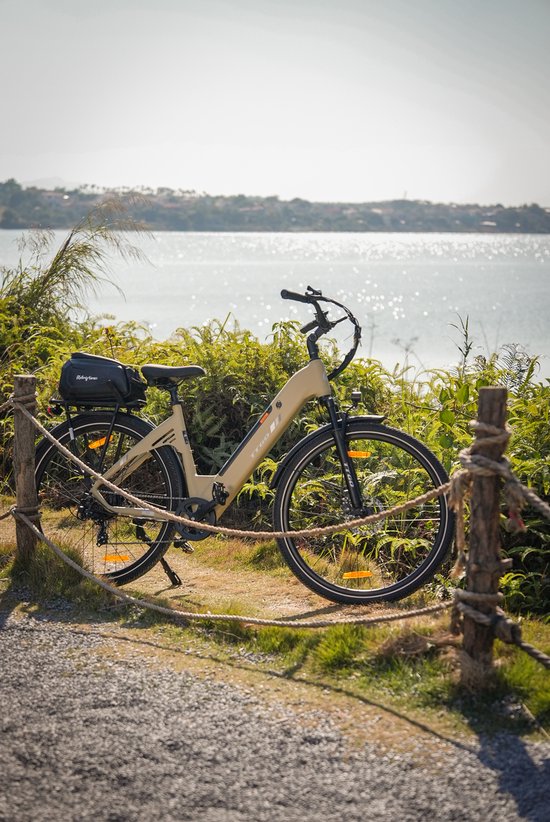 Lichtbruine elektrische fiets met zwarte details, bagagedrager, staand naast een hek en water.