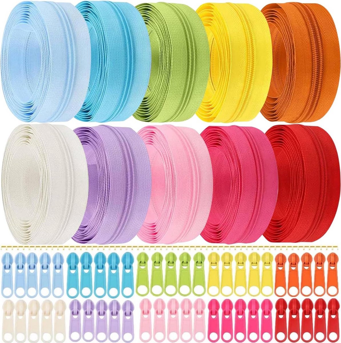 Eindeloze rits 30 m lichte kleuren, deelbaar, 100 schuivers, reparatieset