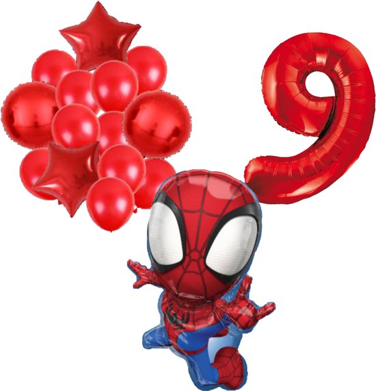 Ensemble de ballons en aluminium avec Spiderman, 9 ballons rouges et 2 ballons rouges en forme d'étoile.