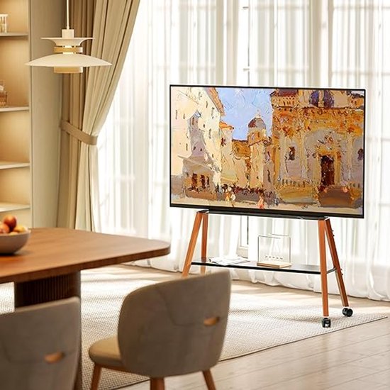 TV-standaard voor scherm van 37 tot 86 inch - In hoogte verstelbare tv-vloerstandaard - Ezel design met 4 poten van beukenhout - Ideaal voor slaapkamer en woonkamer tv standaard verrijdbaar