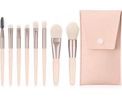 8-delige make-up borstelset voor professionele en goedkope make-up - concealer, fluffy eyeshadow, blusher - abrikoos + leren etui -- voor vrouwen en meisjes op reis.