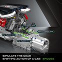 Gedetailleerde LEGO Technic V8 motor met aanduidingen voor de schakelstanden: High Speed Gear, Medium Speed Gear en Low Speed Gear.