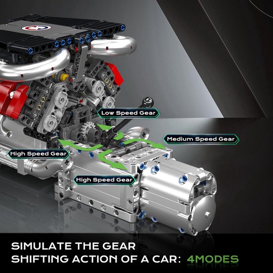 Gedetailleerde LEGO Technic V8 motor met aanduidingen voor de schakelstanden: High Speed Gear, Medium Speed Gear en Low Speed Gear.