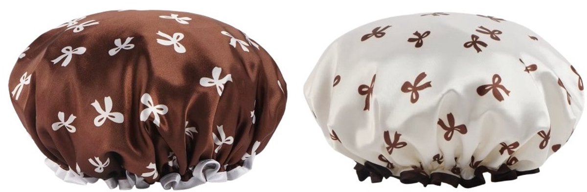 2-delige Douchemuts Set Dames – Bruin/Witte Strikjes – Waterproof – Herbruikbaar