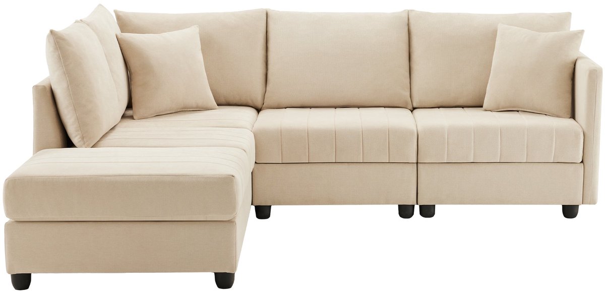 Merax Modulaire Hoekbank Met Verplaatsbare Hocker - 5 Zits - L-Vorm Of U-Vorm - Katoen-Linnen Bekleding - Verticale Stiksels - Beige