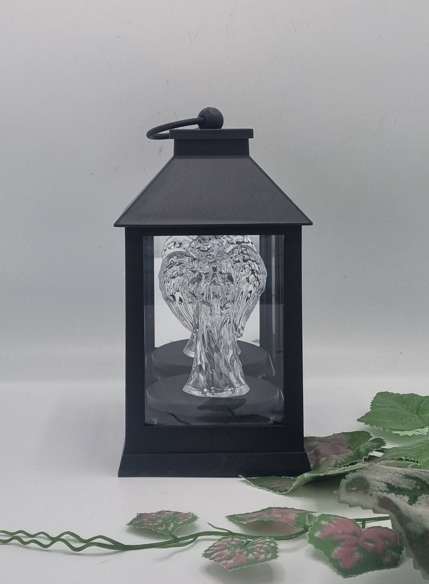 Lantaren - LED - Engel - Zwart - Koud wit - Windlicht - Graflicht - Graflantaarn - Grafdecoratie
