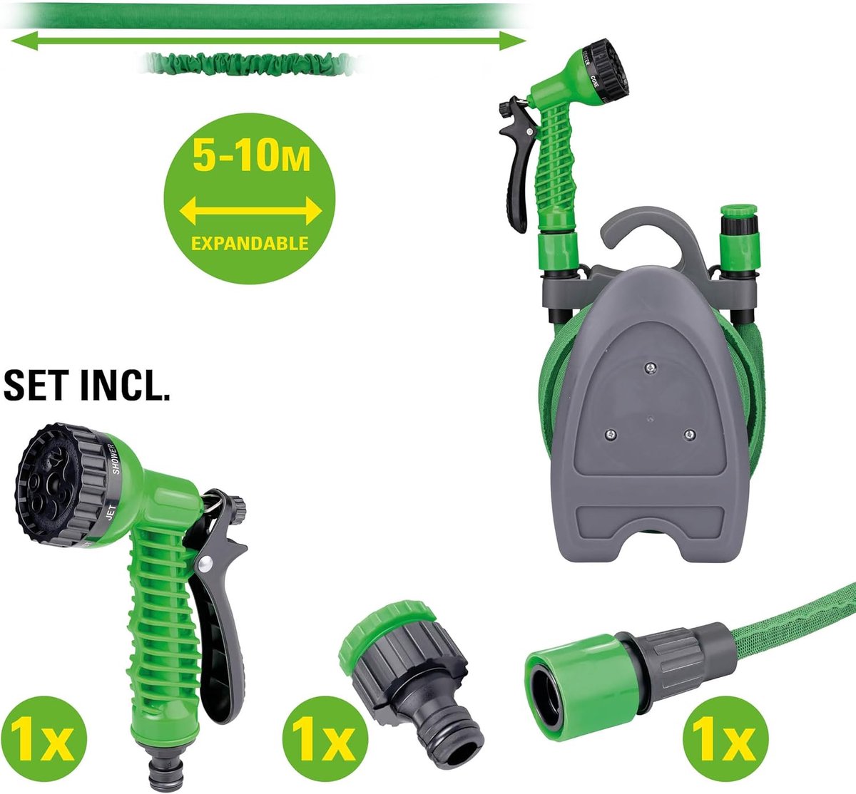 Flexibele Tuinslang 10M - Incl. Opzetstukken en Tuinslanghouder - Sproeikop met 7 Spraystanden - Kunststof - Groen/Grijs