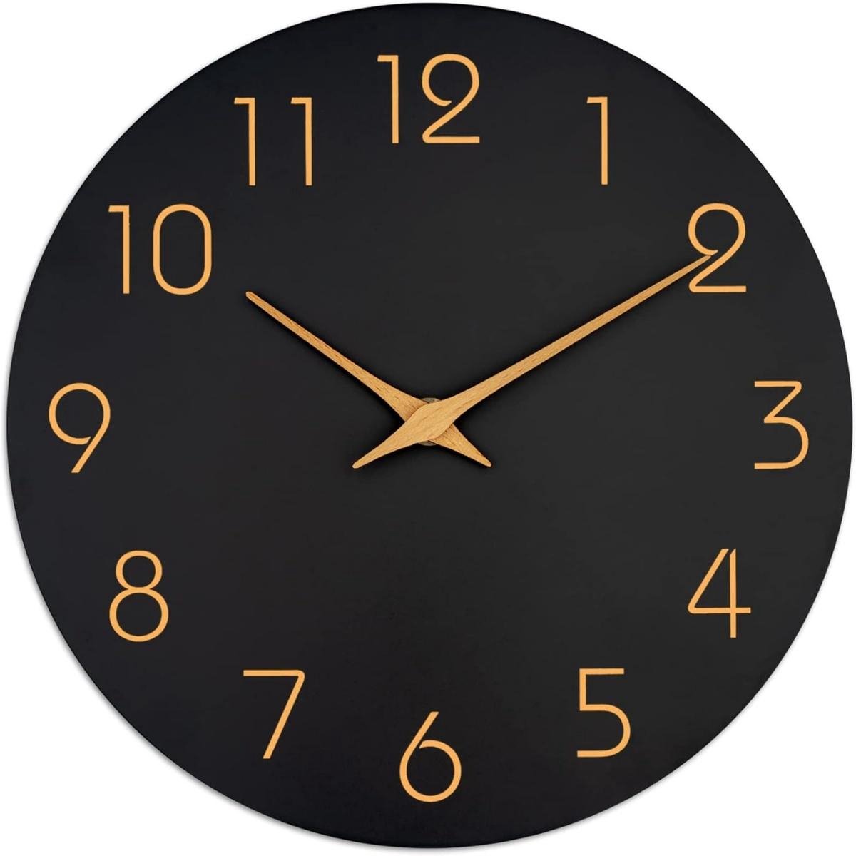 GELLDG Quartz - Wandklok Houten wijzers - 25cm Klok modern - Analoog - Stil Uurwerk - Muurklok - Geschikt voor restaurants, scholen, slaapkamers en kantoren - Zwart