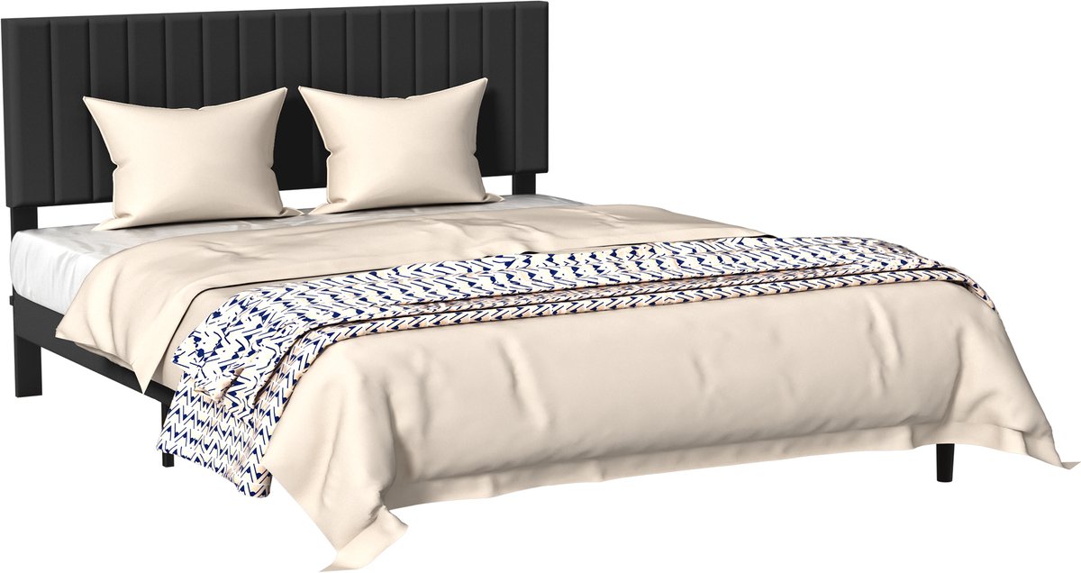 Aufun modern bedframe met lederen hoofdeinde – 160x200 cm – fluweel zwart – houten lattenbodem – draagvermogen 300 kg – voor slaapkamer of gastenkamer