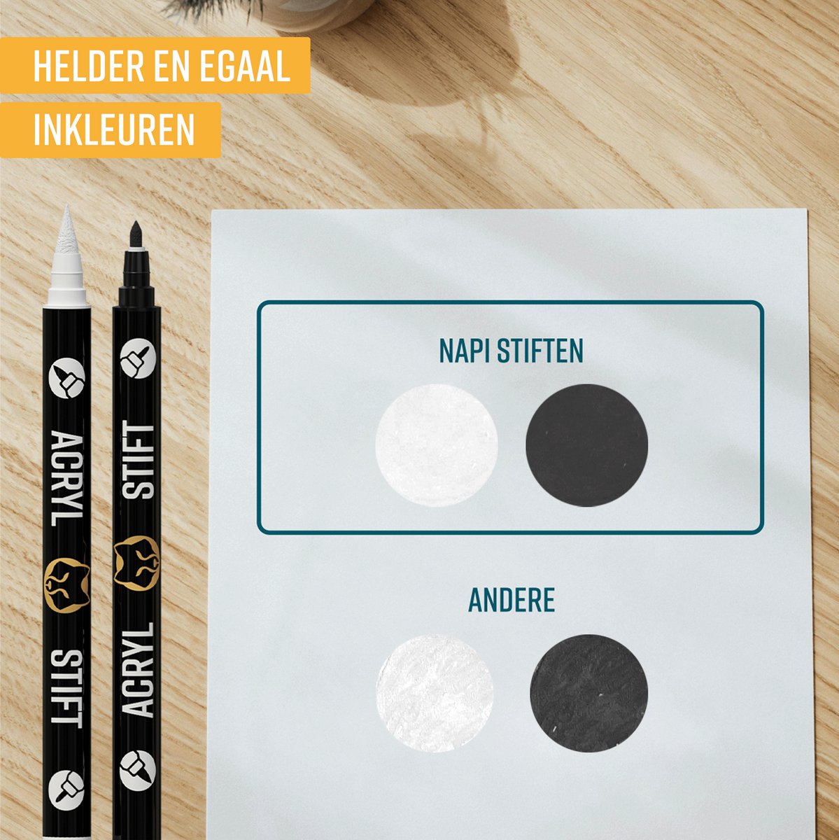 Napi Acrylstiften 6st Zwart/Wit - Brush en Fine Tip Twinmarkers - Verfstiften Happy Stones - Stenen Schilderen met Acryl Verf Marker Stiften - Volwassenen en Kinderen — afbeelding 7