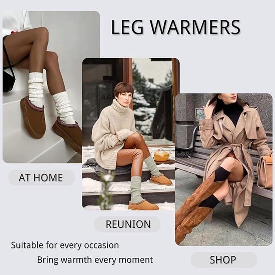 Vrouwen dragen beige beenwarmers thuis, op een reünie en bij het winkelen.