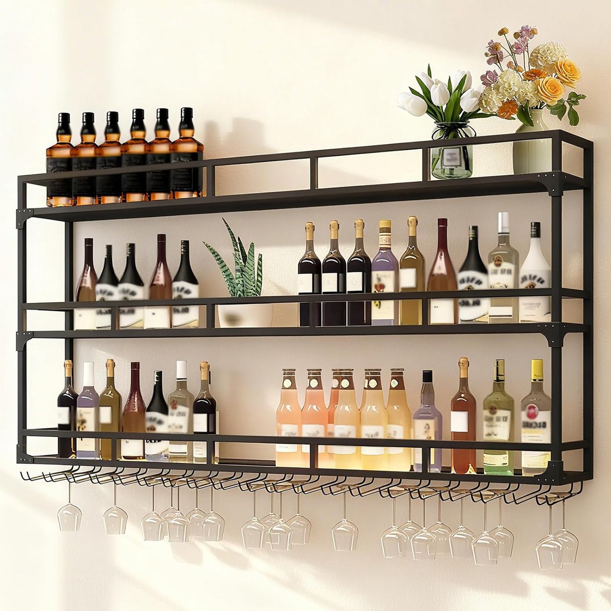 3-laags Wijnrek Muurbevestigd - Wijnflessenhouder Display voor Thuis Bar Restaurant - Zwart 150 x 25 x 90 cm