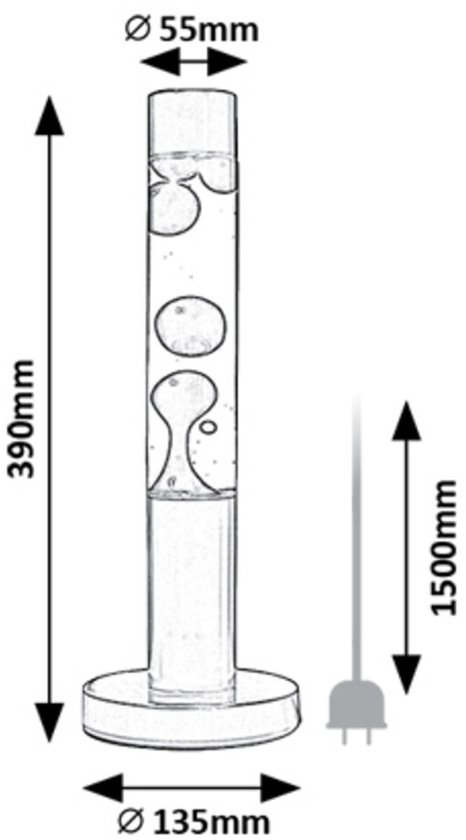 Technische tekening van een rode lavalamp met afmetingen: hoogte 390mm, diameter 55mm, voetdiameter 135mm, snoerlengte 1500mm.