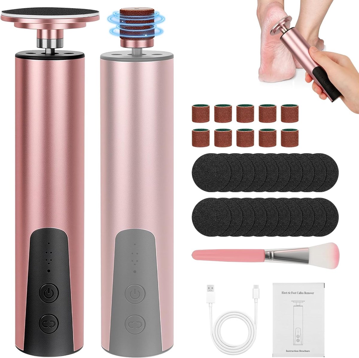 Elektrische Eeltverwijderaar - 60 Schuurpads - Draadloos - Oplaadbaar 1200 mAh - Voetvijl - Professionele Eelverwijderaar - Pedicure Set - 6 Standen - Instelbare Snelheid - Voetvijl voor Pedicure en Gladde Voeten
