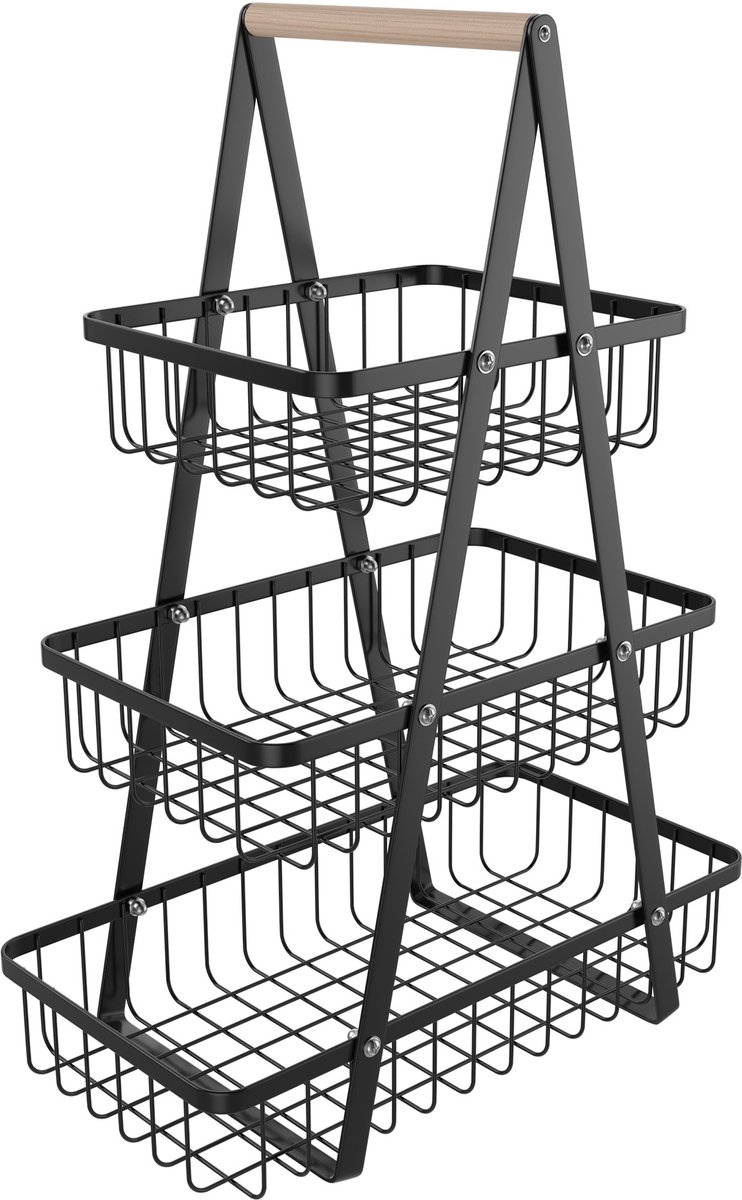 Aufun 3-laags Fruitmand - Zwart - Keuken Opbergmand Voor Fruit, Groente & Taarten