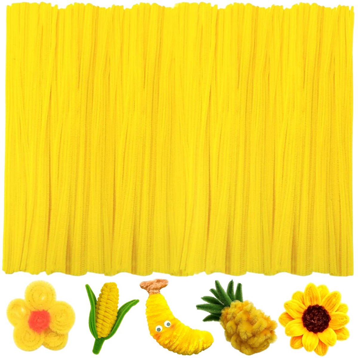 Fako Bijoux - 100 Gele Pijpenragers - Set van 100 Stuks Chenille Draden - Geel - 30 cm Lang - Knutselen - DIY - Hobby - Chenille Draad – Gekleurde Flexibele Pijpenragers - Kinderen en Volwassenen - 100 Stuks