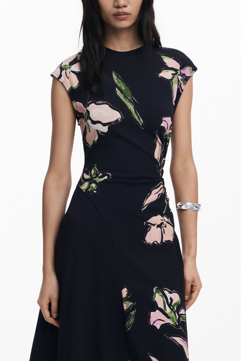 Desigual Chique Zwarte Jurk voor Dames met Bloemenprint – Slim Fit Design