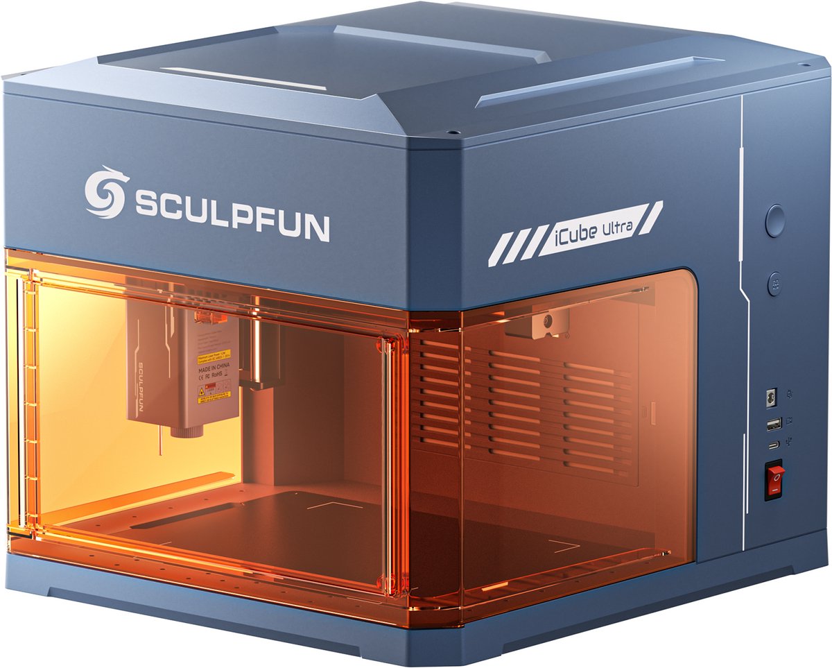 Sculpfun iCube Ultra 12W Laser Graveermachine - 150x150mm Werkgebied -Ingebouwd Rookfiltersysteem - 0,08 mm Laserspot - Klasse 1 Gesloten Ontwerp - Blauw