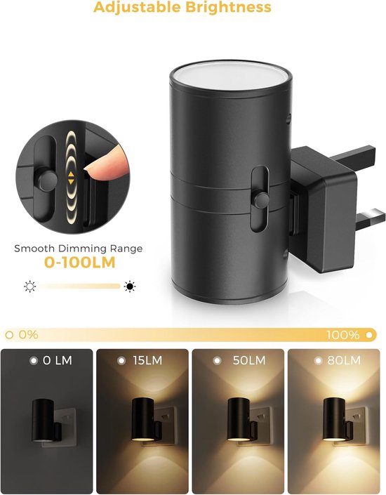 LED nachtlampje plug-in – Lamp met Schemersensor – Automatische Nachtlamp van Schemer tot Dageraad – Dimbare Lamp in 3 Kleuren voor Slaapkamer & Gang – met Afstandsbediening – 1 stuk Zwart — afbeelding 3