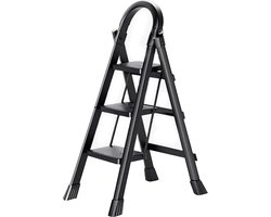 OFMOTRA Huishoudtrap 3 treden - keukentrap - Inklapbar/opvouwbar - antislip - 150kg Draagkracht - Max werkhoogte: 258 cm - Zwart