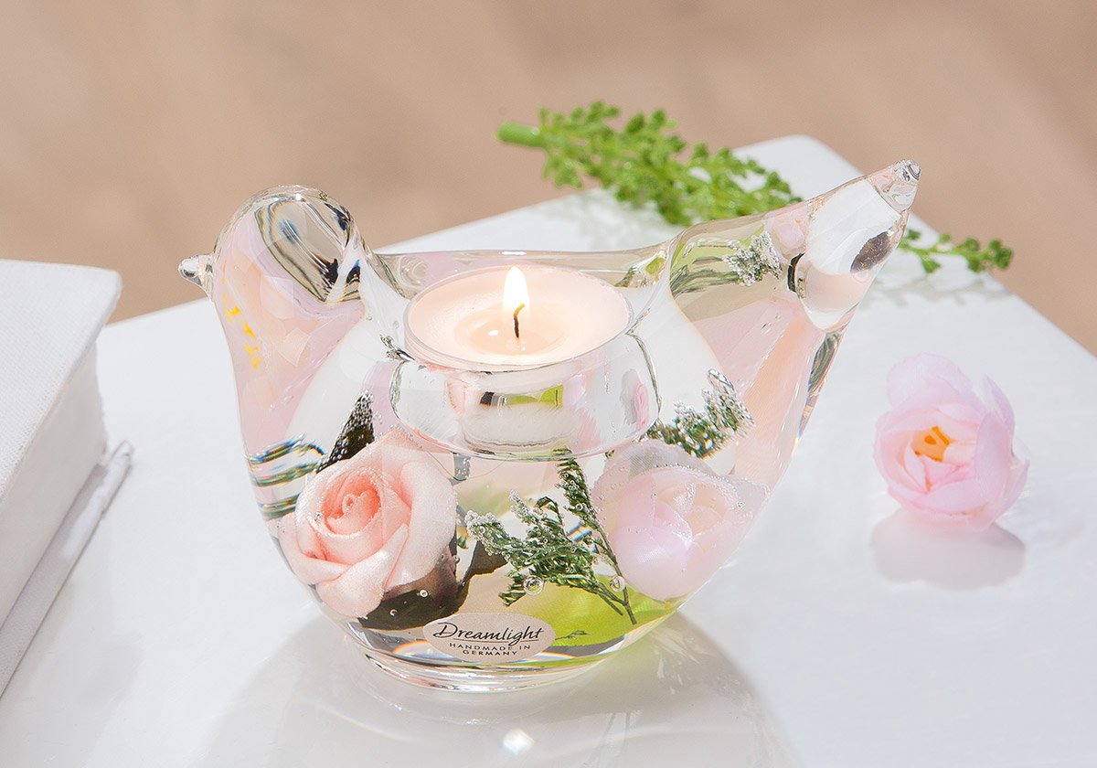 Waxinelichthouder Vogel zalm – Glas met zalm Bloemen – 5x13x7 cm | Luxe Decoratie