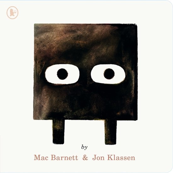 Een vierkant, zwart wezentje met grote witte ogen met zwarte pupillen, onderaan met twee pootjes. Tekst: "by Mac Barnett & Jon Klassen"
