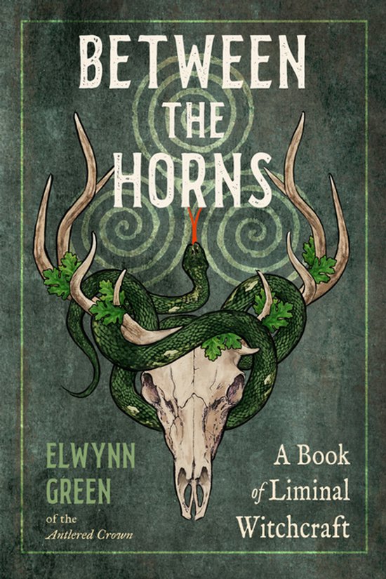 Couverture du livre 'Between the Horns', avec un crâne, un serpent et des bois, dans des tons verts et beiges.