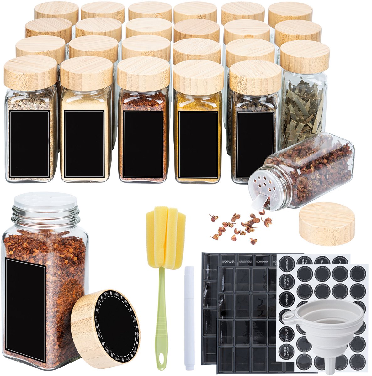 Froadp Set van 12 Vierkante Kruidenpotjes (120ml) - Glazen Gewürzdosen met Houten Deksel, Etiketten, Marker, Trichter en Borstel