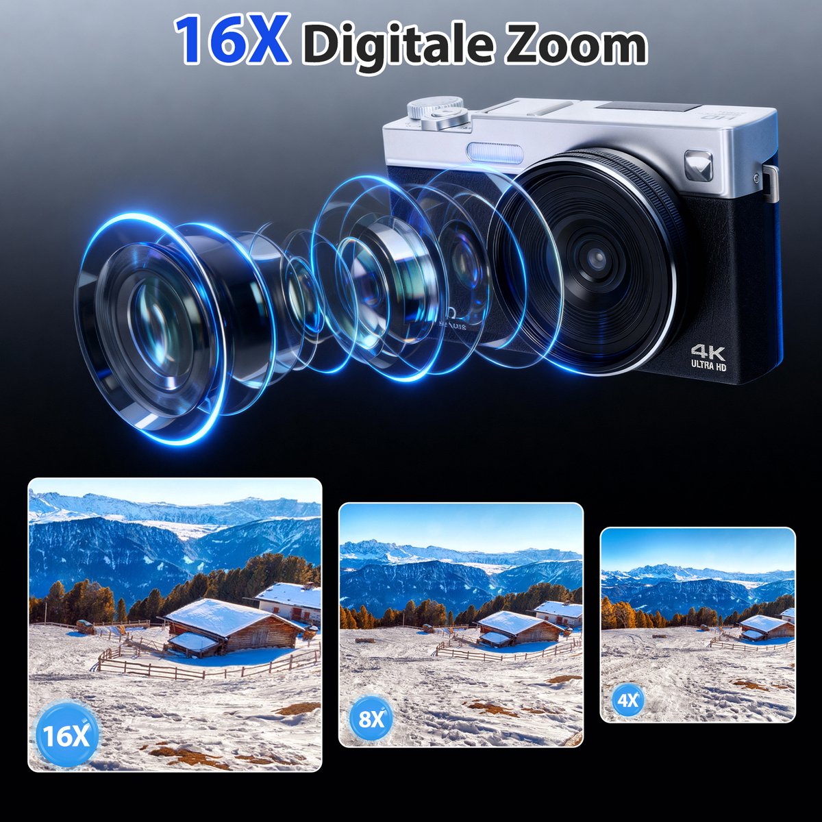 Digitale Camera 4K 64MP met 3 Inch 180° Kantelbaar IPS Scherm – 16x Digitale Zoom, Autofocus, Webcamfunctie via USB, Compacte Vlogcamera met 2×1000mAh Batterijen en 32GB Geheugenkaart voor Beginners, Kinderen en Tieners thumbnail 5