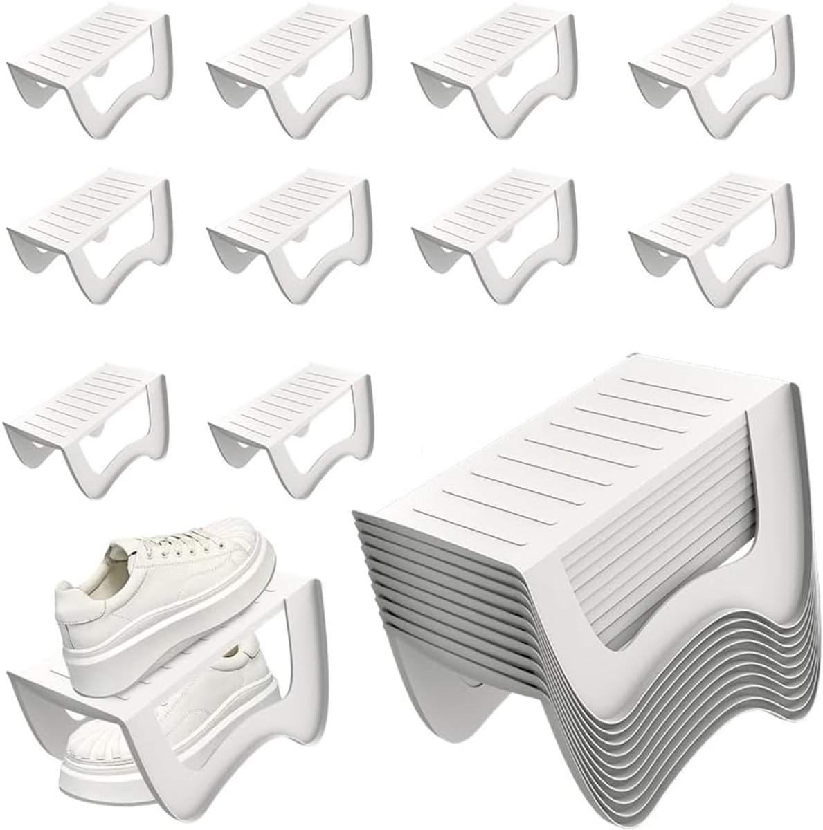 Aufun 10-delige Antislip Schoenopbergset - Dubbellaags Wit 25x14,5x14cm