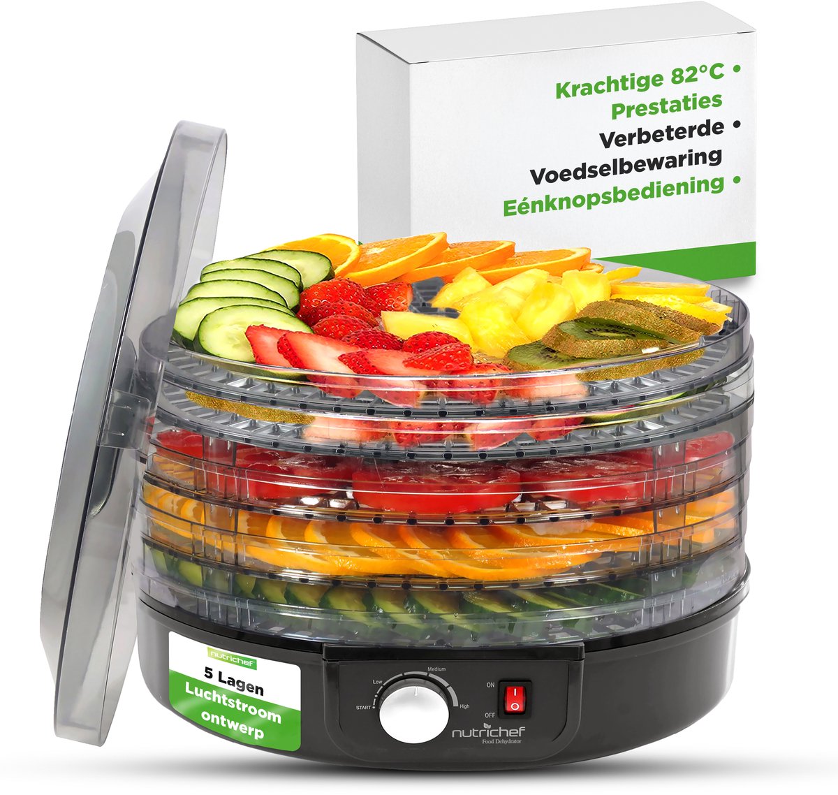 NutriChef Voedseldroger – 5 Laags Droogmachine met Temperatuurcontrole tot 82°C – Rond zwart