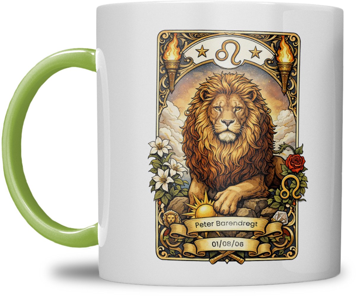 Sterrenbeeld mok - Leeuw - Licht Groen - Tarot mok - Gepersonaliseerd met naam en datum