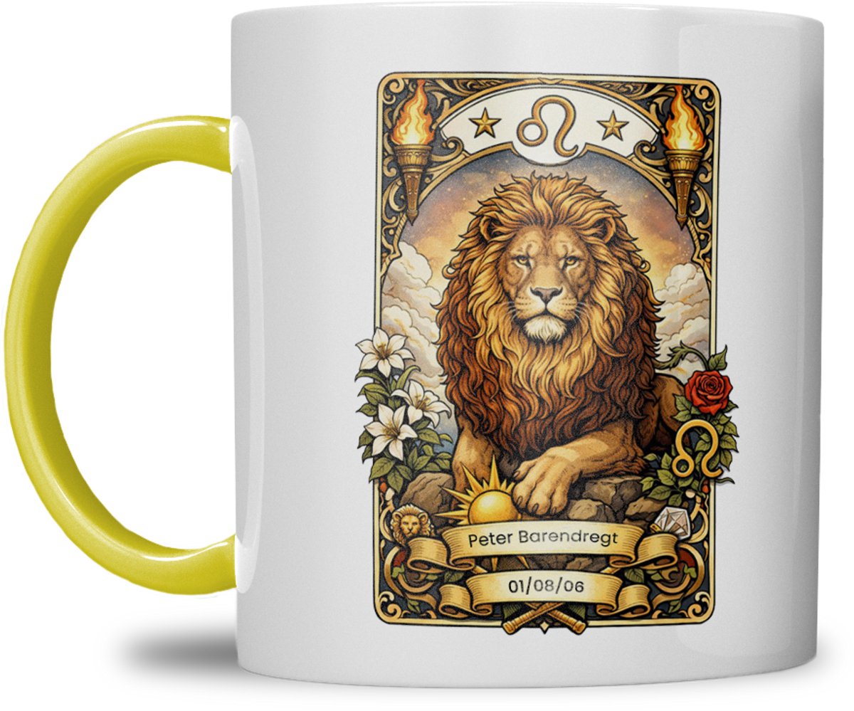 Sterrenbeeld mok - Leeuw - Geel - Tarot mok - Gepersonaliseerd met naam en datum