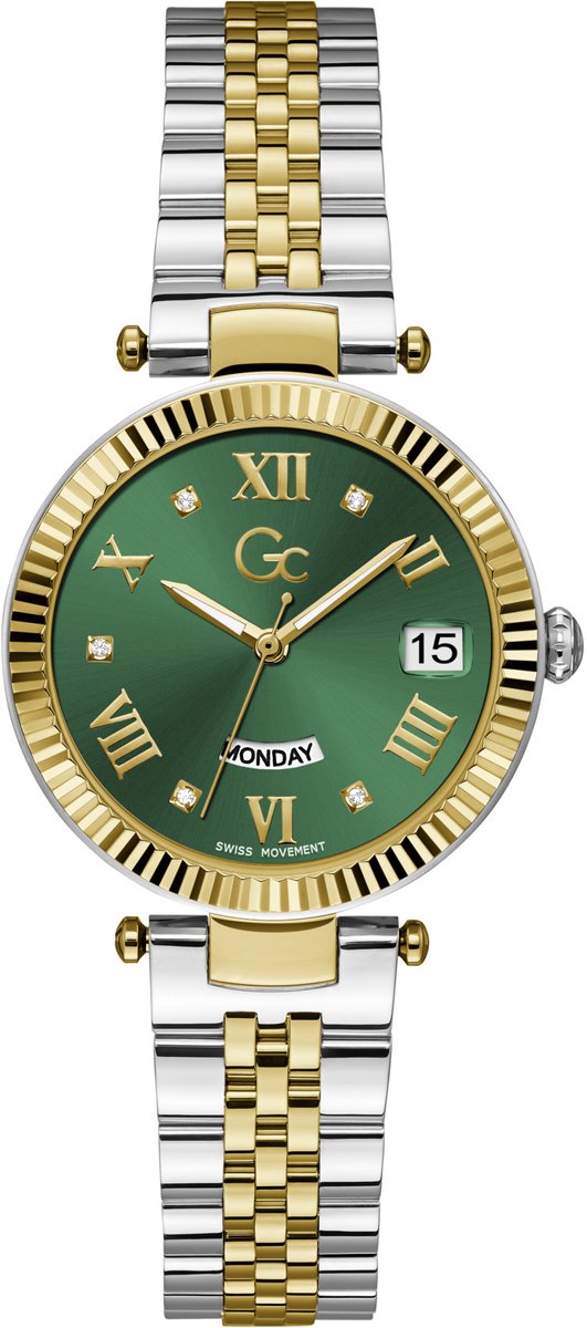 Gc Gc Flair Quartz Day Date Watch Zilver En Geel Goud Case: 100% Roestvrij Staal | Armband: 100% Roestvrij Staal 34 mm Z01017L3MF, Z01019L9MF