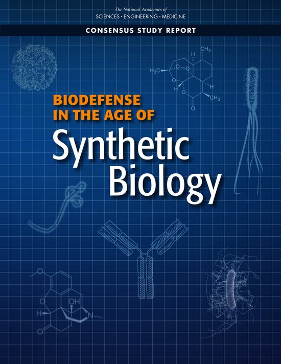 Boekomslag 'Biodefense in the Age of Synthetic Biology' op blauwe ruitjesachtergrond met chemische en biologische iconen.