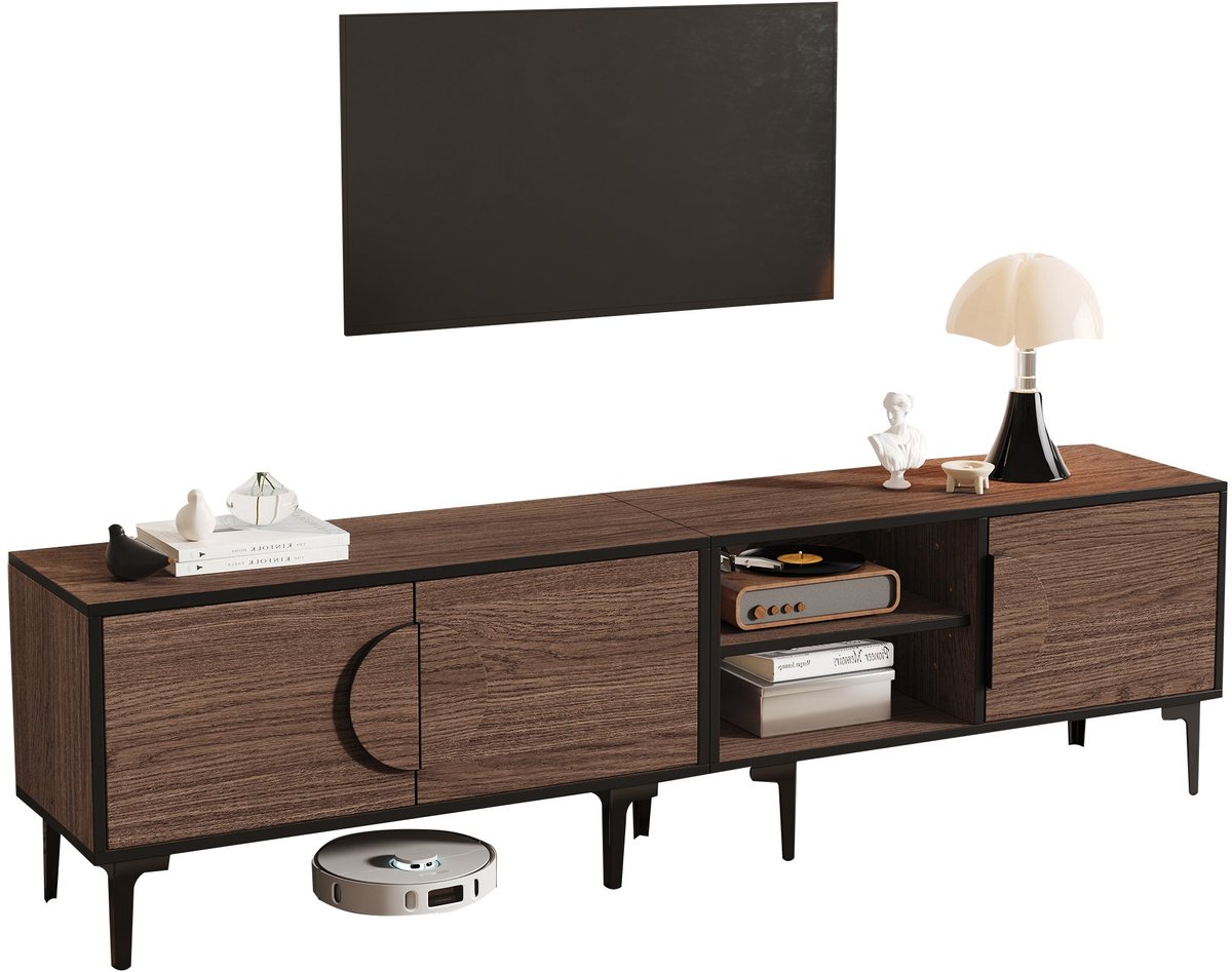 Merax Tv-Meubel 180 Cm Donker Notenhout - Lowboard Tv-Kast Met 3 Deuren En 2 Open Vakken -