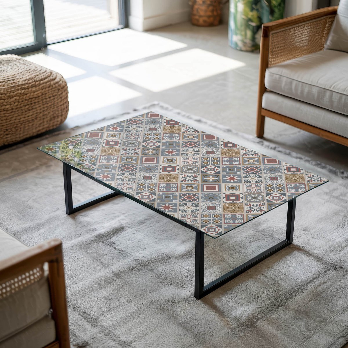 Coloray Tafelblad - Tafelblad Glas - 120x80 cm - Grijs - Rechthoek Glazen Tafelblad - Tafelblad Van Glas - Tafelblad Vierkant - Salontafel Blad - Gehard Glas Tafelblad woonkamerdecoratie Grijs - Ornamenten in mozaïekstijl