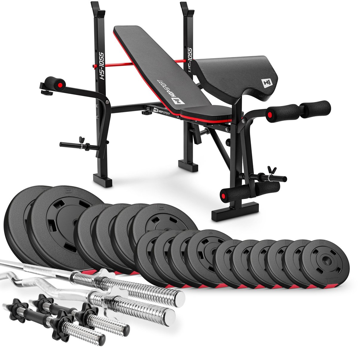 Hop-Sport HS-1055 – Halterbank set – Inklapbaar – 75 kg halterset – Met lange halterstang, SZ-curlstang en korte halterstangen