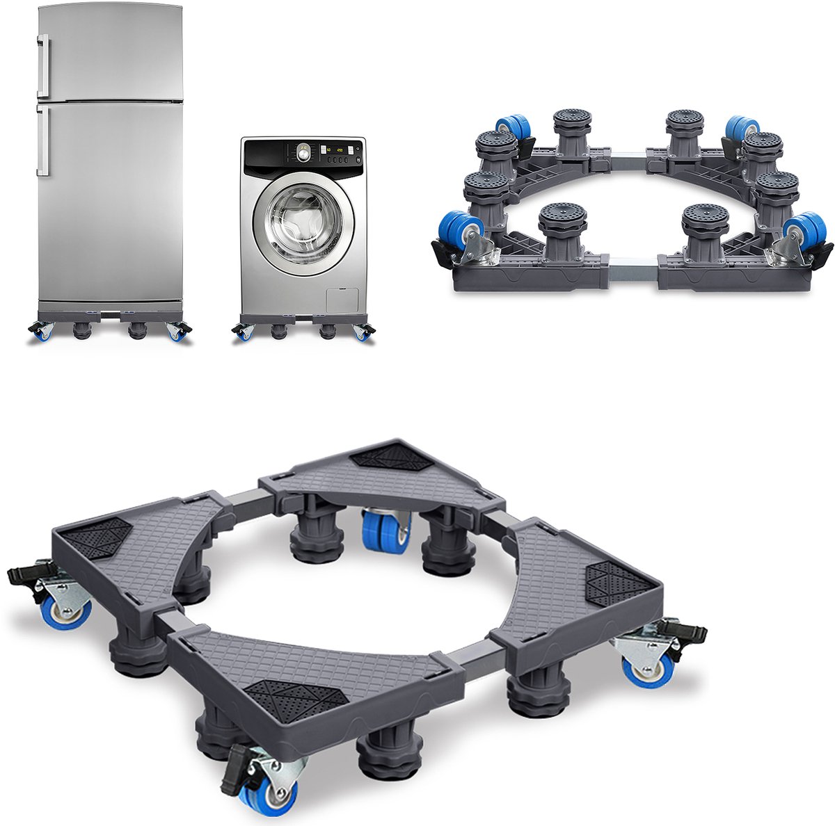 Aufun Wasmachinevoet Voor Koelkast Verstelbare Breedte- 8 Stevige Poten Met 4 Wielen-Maximale Belasting 200 Kg-Voor Wasmachine, Koelkast-Grijs