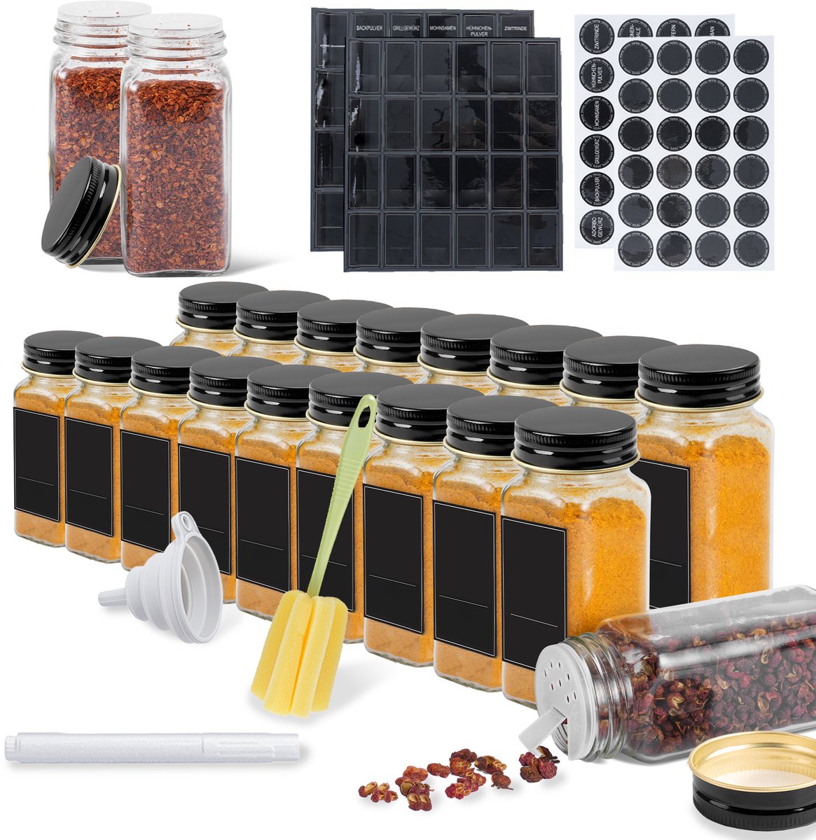 Froadp Set van 24 Vierkante Kruidenpotjes (120ml) - Glazen Gewürzdosen met Zwarte Aluminium Deksel, Etiketten, Marker, Trichter en Borstel