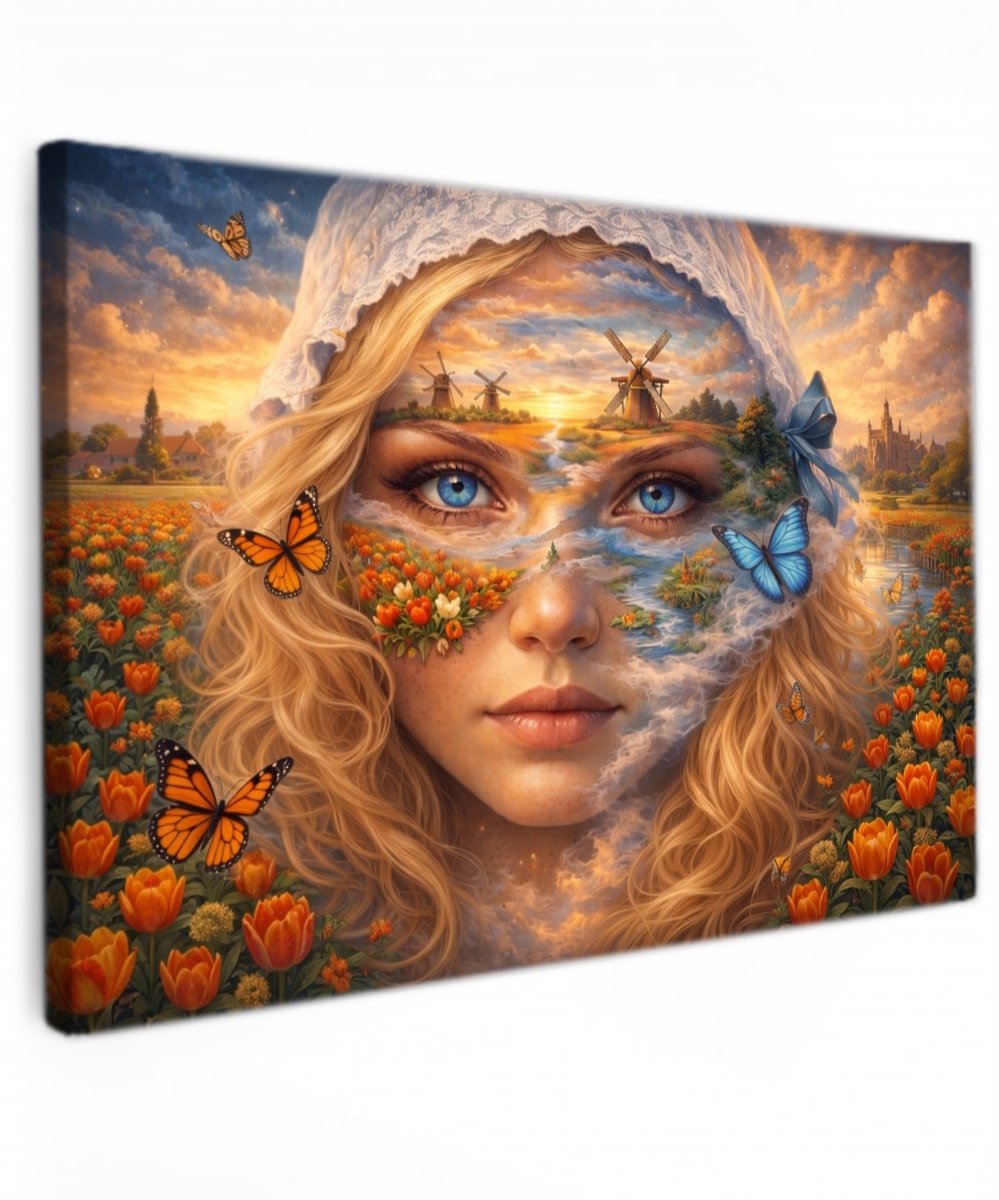 online schilderij Tulpenvelden Portret met Windmolens - 60x40 cm - woonkamer - Holland - Nederland - Tulpen - Portret blauw