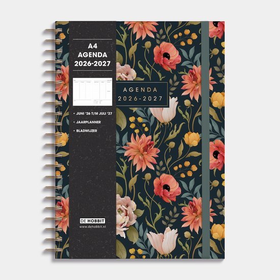 Hobbit - A4 Agenda 2026-2027 - 1 week op 2 pagina's - Harde Kaft - Agenda A4 (21 x 29,7 cm) - Vintage bloemen