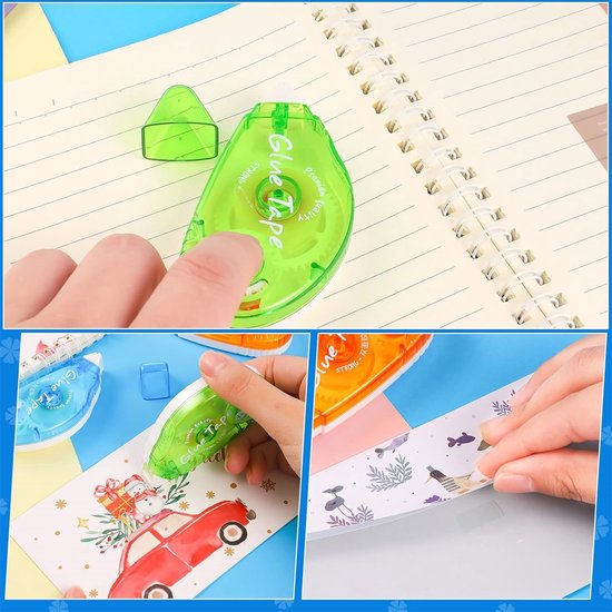 Handen gebruiken groene lijmroller op schrift en decoratief papier. Collage van close-ups.