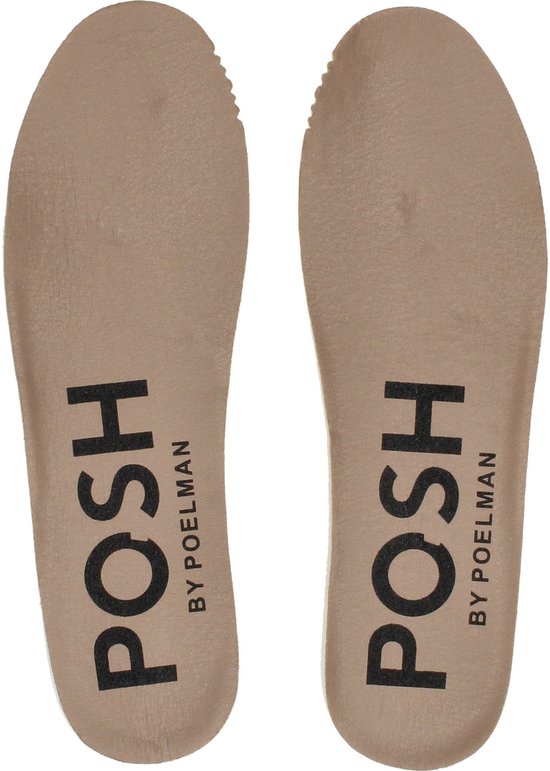 Lichtbruine binnenzolen met zwarte tekst 'POSH BY POELMAN'.