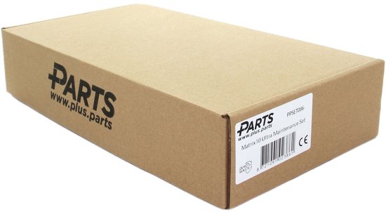 Kartonnen doos met 'PARTS www.plus.parts' opdruk en productinformatie.